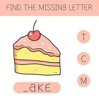 Finden Sie den fehlenden Buchstaben ist ein Lernspiel für Kinder mit einem Kuchen. süßes Cartoon-Stück Kuchen. Üben des englischen Alphabets. Vektor-Illustration. vektor