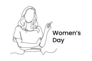 enda ett linje teckning Lycklig kvinna pekande till internationell kvinnors dag. kvinnors dag begrepp. kontinuerlig linje dra design grafisk vektor illustration.