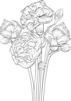 Nelkenvektorkunst, monochromes Blumenmuster. Tintenvektorillustration handgezeichnete Bleistiftskizze, Zweig der botanischen Sammlung Einfachheit, künstlerisch, Malbuch für Kinder und Erwachsene. vektor