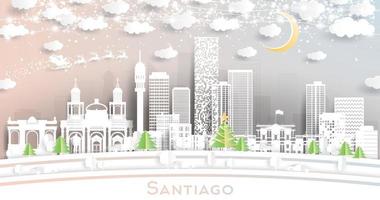 santiago chile city skyline im papierschnittstil mit schneeflocken, mond und neongirlande. vektor