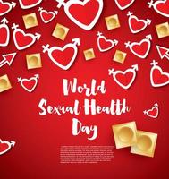 värld sexuell hälsa dag. hjärtan och kondomer på röd bakgrund. vektor