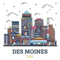 umriss des moines iowa stadtskyline mit farbigen modernen gebäuden isoliert auf weiß. vektor