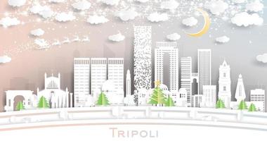 tripolis libyen stadtskyline im papierschnittstil mit schneeflocken, mond und neongirlande. vektor