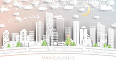 vancouver canada city skyline im papierschnittstil mit schneeflocken, mond und neongirlande. vektor