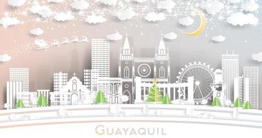 guayaquil ecuador stad horisont i papper skära stil med snöflingor, måne och neon krans. vektor