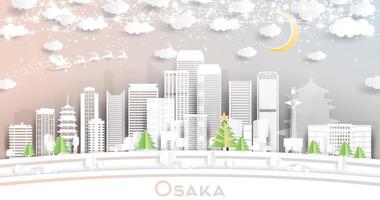 osaka japan city skyline im papierschnittstil mit schneeflocken, mond und neongirlande. vektor