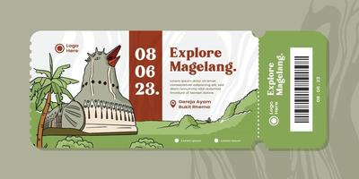 religionsgebäude in magelang zentral java handgezeichnete illustration. Ticket-Event-Tourismus mit indonesischem Hintergrund der Hühnerkirche vektor