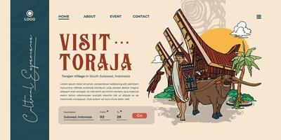 traditionelles haus aus tana toraja namens tongkonan haus indonesien kultur handgezeichnete illustration besuchen toraja plakat vektor