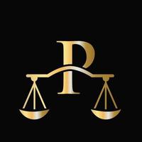 Logo-Design des Anwaltsgesetzes im Buchstaben p-Maßstab. anfangssäule, anwaltskanzlei, anwaltsschilddesign vektor