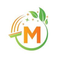 Dienstmädchen-Logo auf Buchstabe m-Konzept mit sauberem Pinselsymbol vektor
