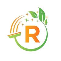 dienstmädchen-logo auf buchstabe r-konzept mit sauberem bürstensymbol vektor