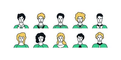 uppsättning av människor avatars med minimal tecknad serie stil och olika uttryck. manlig karaktär samling vektor