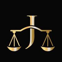 Letter J Scale Anwaltslogo-Design. anfangssäule, anwaltskanzlei, anwaltsschilddesign vektor