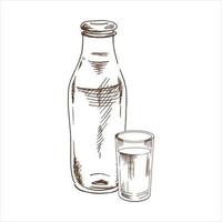 eine handgezeichnete skizzenillustration einer milchflasche und eines glases. eine auf weißem Hintergrund hervorgehobene Zeichnung. vintage-element für die gestaltung von etiketten, verpackungen und postkarten. vektor
