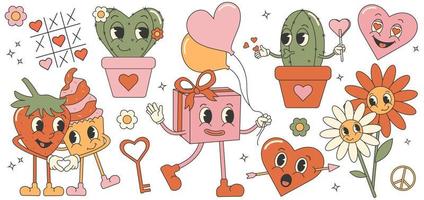 trendiges Comic-Groovy-Valentinstag-Sticker-Set mit niedlichen Charakteren. Retro-Valentinstag. Ästhetik der 70er 60er. vektor