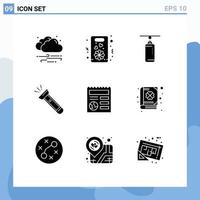 Stock Vector Icon Pack mit 9 Zeilenzeichen und Symbolen für grundlegende Campingtaschen-Taschenlampe editierbare Vektordesign-Elemente