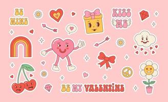 groovige Hippie-Liebesaufkleber. retro glücklicher valentinstag. komische fröhliche figur im trendigen retro-60er-70er-cartoon-stil. Vektor-Set Retro-Elemente. vektor