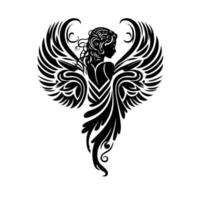 utsmyckad, helig, gudomlig ängel. dekorativ illustration för logotyp, emblem, tatuering, broderi, laser skärande, sublimering. vektor