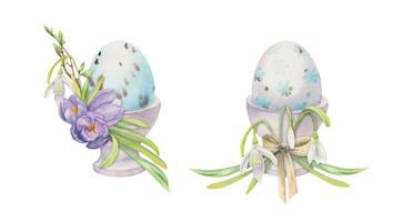 aquarell handgezeichnete osterfeier clipart. Bemalte Eier in Porzellantassen mit Blättern, Blumen, Pastellfarbe isoliert auf weißem Hintergrund. für einladungen, geschenke, grußkarten, druck, textil vektor