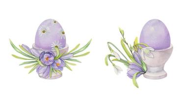 vattenfärg hand dragen påsk firande ClipArt. målad ägg i porslin koppar med löv, blommor, pastell Färg isolerat på vit bakgrund. för inbjudningar, gåvor, hälsning kort, skriva ut, textil- vektor