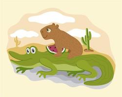 vektor niedliche illustration von capybara und krokodil.