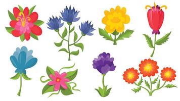 lustiger Cartoon-Blumensatz, Kamille, Tulpe, Rose isoliert auf weißem Hintergrund. Kinder Stil. vektor