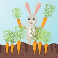 söt tecknad serie Lycklig kanin, kanin eller hare skörd morötter från de jord. barn platt stil. Lycklig påsk. vektor