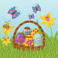 niedlicher Cartoon fröhlicher Osterkorb mit Ziereiern auf dem Gras, Rasen mit Narzissen, Biene und Schmetterlingen. vektor