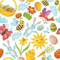 niedliches, nahtloses muster von fröhlichen ostern im flachen stil der kinderkarikatur. Ziereier, Korb mit Eiern, blaues Kaninchen, Schmetterling, Vogel, Narzisse, Blume, Sonne, Küken, Biene vektor