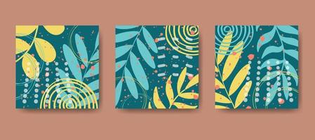 abstrakt minimalistisk kort uppsättning. minimal former, doodles, tropisk löv och blomma bakgrund samling. vektor illustration för trendig design, modern affisch, mall