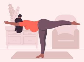 schwarze Haut schwangere Frau beim T-Pose-Yoga zu Hause Vektor-Illustration im flachen Stil vektor