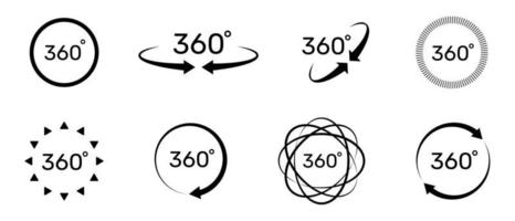 360 grad ikon uppsättning. symbol med pil till ange de rotation, virtuell verklighet eller panorama till 360 grader. vektor illustration