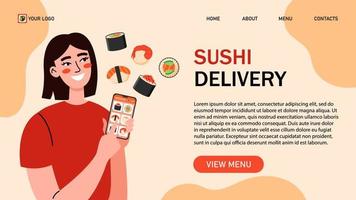 junge frau bestellt sushi online. asiatisches restaurant mit webbanner für sushi-lieferungen. vektor