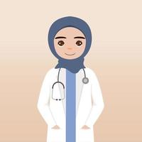 vorderansicht hijab arzt charakter. Ärztin Charaktererstellung Gesicht Emotionen, Pose und Geste. karikaturart, flache vektorillustration. weiblicher hijab-doktorfinger, der nach oben zeigt und zwischenablage hält. vektor