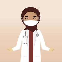 främre se muslim hijab läkare karaktär. läkare karaktär skapande med vyer, ansikte känsla, utgör, gest och mask. tecknad serie stil, platt vektor illustration. kvinna läkare med mask