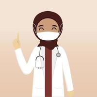 främre se muslim hijab läkare karaktär. läkare karaktär skapande med vyer, ansikte känsla, utgör, gest och mask. tecknad serie stil, platt vektor illustration. kvinna läkare med mask