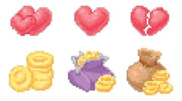 Pixel-Art-Spielsymbol Herz und Gold vektor