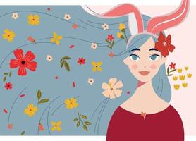 porträtt av en söt kanin flicka, lång håriga flicka med blommor, illustration, porträtt vektor