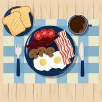 Frühstück mit Spiegeleiern, Speck, Würstchen und Pilzen. von oben betrachten vektor