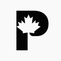 Kanadisches rotes Ahorn-Logo auf dem Vektorsymbol Buchstabe p. Ahornblattkonzept für kanadische Firmenidentität vektor