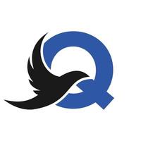 Buchstabe q fliegender Vogel Logo Vorlage Vektorzeichen. taubenvogellogo auf buchstabe w konzept vektor