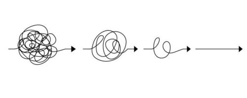 Kritzellinie Kritzeleien. das Konzept des Übergangs von kompliziert zu einfach, isoliert auf weißem Hintergrund. Vektorillustrationen vektor