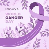 Weltkrebstag am 4. Februar. lila oder lila Band Symbol für Krebs mit Blumen und Blättern. Stoppen Sie die quadratische Vorlage für die Krebskampagne im Gesundheitswesen für soziale Medien oder Websites vektor