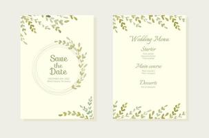 ört- minimalistisk vektor ram. hand målad grenar på vit bakgrund. grönska bröllop inbjudan. vattenfärg stil. naturlig kort design.