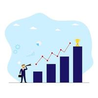 Vektorkonzept Geschäftsmann, der Zielzielerfolg mit Fernglas betrachtet, Investitionsstrategie-Wachstumsdiagrammgeschäft mit Belohnungstrophäe vektor