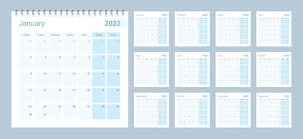 Wandplaner 2023 in blauer Pastellfarbe, Woche beginnt am Montag. vektor
