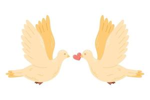 Ein verliebtes Taubenpaar, das ein Herz im Schnabel hält. vektor isolierte karikaturillustration.