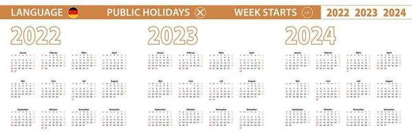 2022, 2023, 2024 år vektor kalender i tysk språk, vecka börjar på söndag.