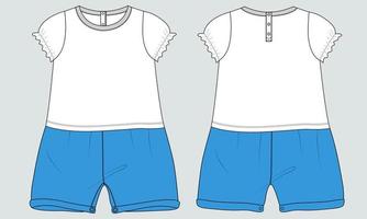 T-Shirt-Tops und Shorts Kleid Design technische Mode flache Skizze Vektor Illustration Vorlage für Kinder.