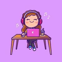 söt kvinna lyssnande musik på bärbar dator med hörlurar tecknad serie vektor ikon illustration. människor teknologi ikon begrepp isolerat premie vektor. platt tecknad serie stil